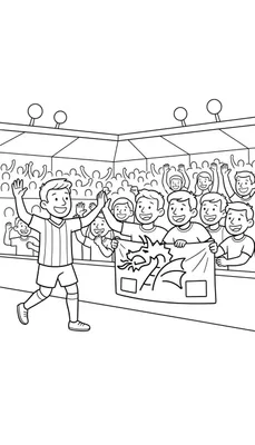 Zwart-wit lijntekening kleurplaat: Lachende FC Den Bosch voetballer geeft high five aan enthousiaste jonge fans op de tribune die een spandoek met draak vasthouden.