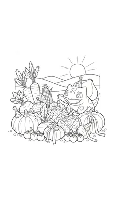 Kleurplaat van een lachende Bulbasaur met feestmutsje, omringd door een overvloedige oogst van diverse groenten en fruit, waarvan vele ook feestmutsjes dragen, tegen een achtergrond van glooiende heuvels en een stralende zon.
