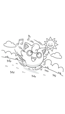 Vrolijke Jigglypuff kleurplaat huppelend in het gras met zwevende muzieknoten, wolken en een lachende zon.