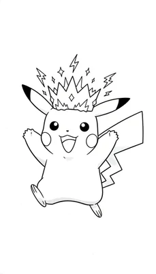 Zwart-wit lijntekening van een lachende en springende Pikachu met gespreide armen en bliksemschichten boven zijn hoofd.