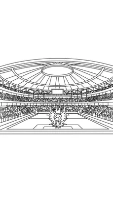 Zwart-wit lijntekening van een Vitesse stadion met juichende fans en een tweekoppige adelaar embleem met voetbal op het veld.