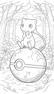 Zwart-wit kleurplaat van Pokémon Mew, zittend op een grote, gebarsten Pokébal in een bosrijke omgeving. Mew heeft een katachtige uitstraling met grote ogen en krult zijn staart omhoog, terwijl hij zijn kin op zijn handen laat rusten. De achtergrond toont hoge bomen met volle bladerkronen en wolken.