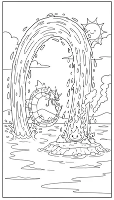 Kleurplaat van Gyarados in water onder een waterval, met open bek, spatten water. Op een eilandje zit een vuurwezen met vlammen. Lachende zon en wolken in de lucht.