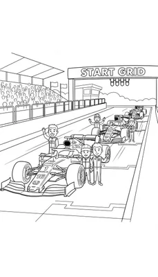 Zwart-witte Formule 1 kleurplaat van een startgrid. Toont twee raceauto's (nummer 16 'Honda', nummer 44), zwaaiende coureurs en teamleden, een juichend publiek op tribunes, een startbord met 'START GRID' en lichten, en een controletoren. De sfeer is spannend en vol anticipatie.