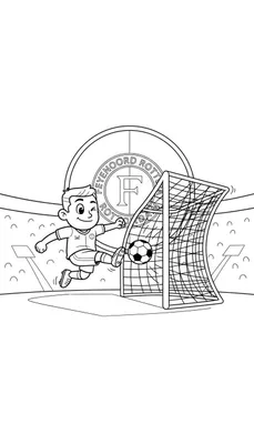 Zwart-wit lijntekening kleurplaat van een juichende Feyenoord voetballer in voetbaltenue met ster en logo, armen omhoog, breed lachend, met een zwevende voetbal, doel en stadiontribunes op de achtergrond, en wolken.