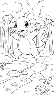Zwart-wit lijntekening van een vrolijk rennende of springende Charmander in een bosrijke omgeving. Op de voorgrond is een beekje met stapstenen te zien, omringd door gras en eenvoudige bloemen. Op de achtergrond staan bomen en struiken.