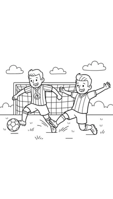 Kleurplaat van twee voetballende jongens, dribbelend en tackelend, met gestreepte shirts, voetbaldoel, gras en wolken. Sparta Rotterdam thema.