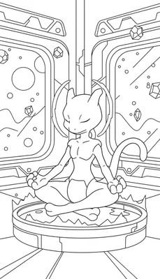 Zwart-wit lijntekening van Mewtwo in meditatieve lotuspositie op een rond platform in een futuristische ruimte met zwevende objecten, ideaal als kleurplaat.