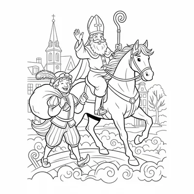 Zwart-wit lijntekening van Sinterklaas op zijn paard, met Zwarte Piet ernaast. Sinterklaas zwaait met zijn staf, Zwarte Piet draagt een zak met cadeautjes.