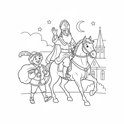 Kleurplaat van Sinterklaas op zijn schimmel, zwaaiend, met een lachende Zwarte Piet naast zich met een cadeautjes zak. Een kerk en nachtelijke hemel op de achtergrond.