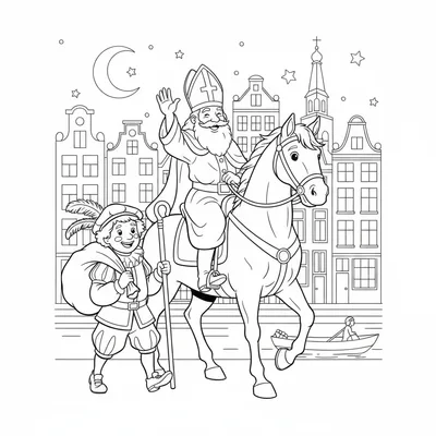 Kleurplaat van Sinterklaas zwaaiend vanaf zijn paard, met Zwarte Piet ernaast, voor Hollandse grachtenpanden bij nacht.