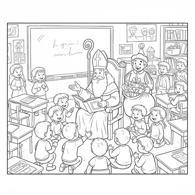 Kleurplaat van Sinterklaas die voorleest aan blije kinderen in een klaslokaal, met Zwarte Piet die cadeautjes vasthoudt.