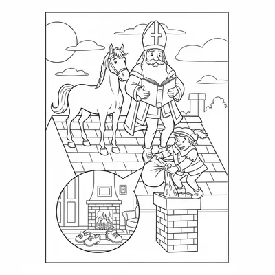 Kleurplaat van Sinterklaas op dak met Piet die cadeaus in schoorsteen doet, en schoenen bij brandende open haard.