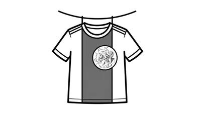 Kleurplaat van het AFC Ajax thuistenue: wit T-shirt met grijze baan, drie strepen en het iconische Ajax logo met de Griekse held en 'AX'.