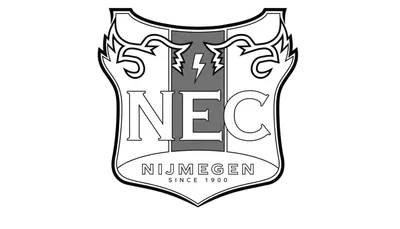 Zwart-wit kleurplaat van het NEC Nijmegen voetbalclub logo, een schild met de letters NEC, bliksemschichten en de teksten "Nijmegen" en "Since 1900".
