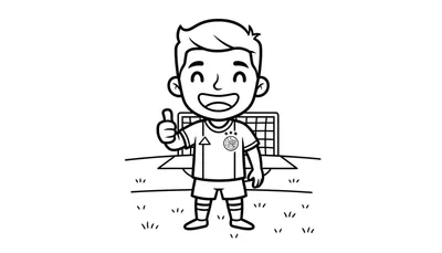 Zwart-wit kleurplaat van een lachende Ajax voetbaljongen in tenue met sterren, die een duim omhoog geeft voor een voetbaldoel op een grasveld.