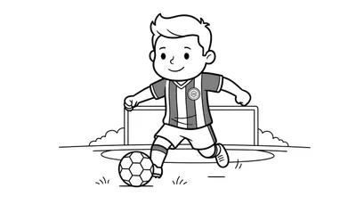 Zwart-wit kleurplaat van een vrolijke jongen in FC Groningen tenue die dribbelt met een voetbal op een veld, met een voetbaldoel op de achtergrond.