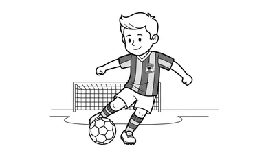 Zwart-wit lijntekening van een lachende jongen in Go Ahead Eagles tenue die een voetbal schiet voor een doel.