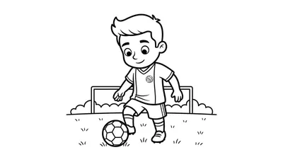 Ajax voetbal kleurplaat van een dribbelende jongen in voetbaltenue op een grasveld, met een deel van een voetbaldoel op de achtergrond.