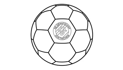 Kleurplaat: Voetbal met De Graafschap logo, inclusief de teksten 'DE GRAAFSCHAP' en 'DOETINCHEM' en een gestileerde 'G'.