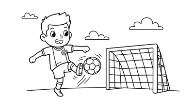 Zwart-wit kleurplaat van een lachende jongen in Ajax voetbaltenue die een bal schopt richting een doel, met bewegingsstreepjes en wolken op de achtergrond.