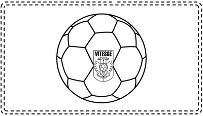 Kleurplaat van een klassieke voetbal met het logo van Vitesse, inclusief de naam VITESSE en een dubbele adelaar die een voetbal vasthoudt. De afbeelding is omrand met een gestippelde lijn.