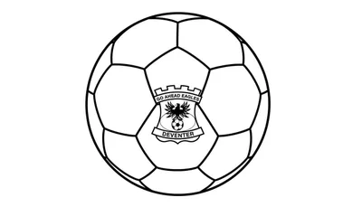 Kleurplaat van het Go Ahead Eagles logo: een adelaar op een voetbal, met de teksten 'GO AHEAD EAGLES' en 'DEVENTER', afgebeeld op een grote voetbal.