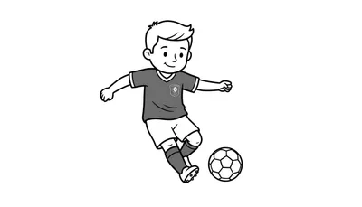 Kleurplaat van een lachende jongen in FC Twente tenue die een voetbal trapt.