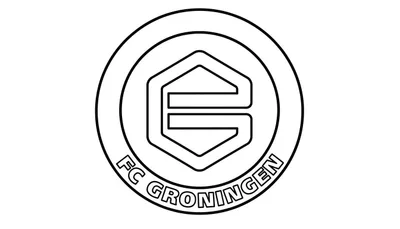 Zwart-witte lijntekening van het FC Groningen logo met gestileerde 'G' in zeshoek en de tekst 'FC GRONINGEN' langs de onderrand.