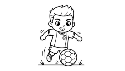 Zwart-wit kleurplaat van een blije cartoonjongen in Ajax-achtig voetbaltenue, dribbelend met een voetbal, met bewegingslijnen en gras.