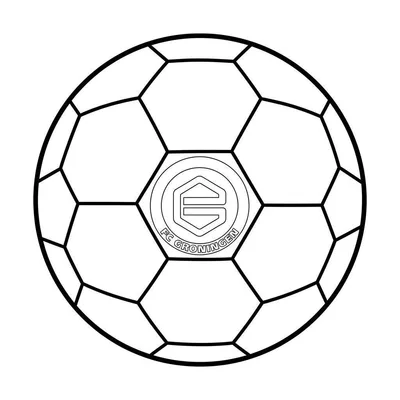 Kleurplaat van een klassieke voetbal met het logo van FC Groningen, inclusief de clubnaam en het gestileerde 'G'-embleem, in zwart-wit lijntekening.
