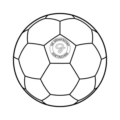 Kleurplaat van een voetbal met het ronde logo van De Graafschap in het midden, inclusief de teksten 'DE GRAAFSCHAP' en 'DOETINCHEM' en een gestileerde 'G'.