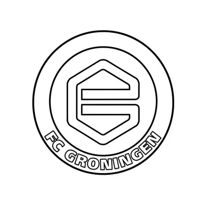 Zwart-wit lijntekening van het officiële FC Groningen clublogo, met een gestileerde 'G' in een zeshoek en de tekst 'FC GRONINGEN' eromheen, klaar om in te kleuren.