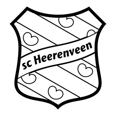 Kleurplaat van het sc Heerenveen logo: een wapenschild met 'sc Heerenveen' tekst, diagonale strepen en zeven pompeblêden.