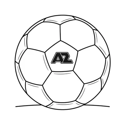 Zwart-wit kleurplaat van een voetbal met zeshoekige en vijfhoekige vlakken, waarop het 'AZ' logo staat, met de bal rustend op een horizontale lijn.