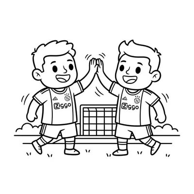 Kleurplaat van twee cartoon Ajax-voetbaljongens die een high five geven voor een voetbaldoel.