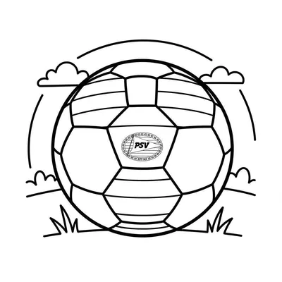 Zwart-wit kleurplaat van een voetbal met het PSV logo in het midden, omringd door gras, wolken en decoratieve lijnen in een cartoonachtige stijl.