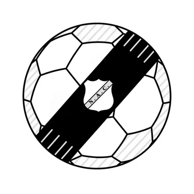 Kleurplaat van het NAC Breda voetbal logo: een gestileerde voetbal met een diagonale zwarte band, een wit schildje met "N. A. C." erop, en arcering op de balpanelen.