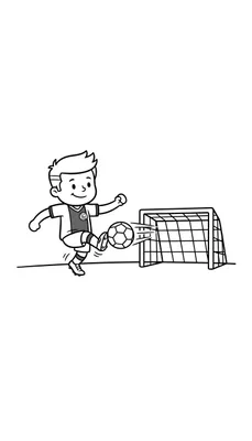Kleurplaat van een lachende jongen in Ajax tenue die een voetbal op een doel schiet, met de bal in de lucht met snelheidslijnen.