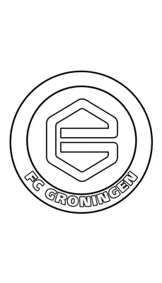 Zwart-wit lijntekening van het FC Groningen clublogo, een kleurplaat met een dubbele cirkel, een zeshoekig ontwerp met gestileerde 'G' en de tekst "FC GRONINGEN" aan de onderkant.