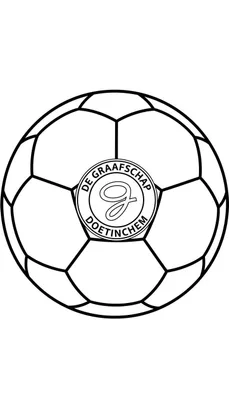 Zwart-wit kleurplaat van een klassieke voetbal met het De Graafschap logo erop, inclusief de sierlijke letter G, 'DE GRAAFSCHAP' en 'DOETINCHEM'.
