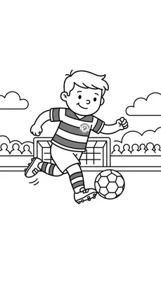Kleurplaat van een blije jongen in gestreept voetbalshirt die een voetbal trapt voor een doel, met toeschouwers op de achtergrond. Thema: De Graafschap.