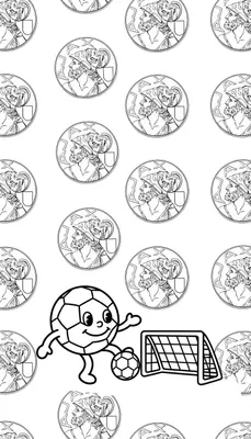Zwart-wit kleurplaat met vrolijke antropomorfe voetbal die een kleinere bal trapt naast een doel, tegen een achtergrond van munten met profielen van bebaarde mannen en de tekst "PAX". Thema: Ajax.