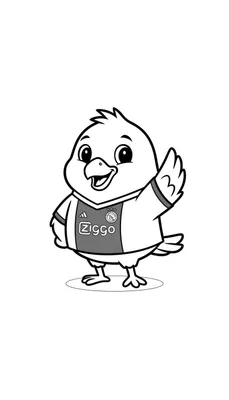 Zwart-wit kleurplaat van een schattige, lachende cartoonvogel met kuifje, gekleed in een Ajax voetbalshirt met Ziggo, Adidas en clublogo's. De vogel zwaait met één vleugel en staat op een ovale ondergrond.