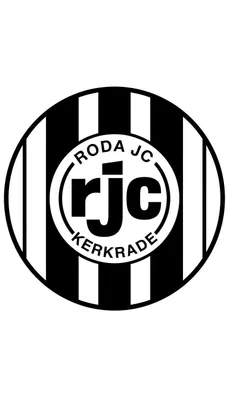 Zwart-wit logo van Roda JC Kerkrade kleurplaat met verticale strepen en tekst RODA JC, rjc, KERKRADE.
