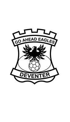 Zwart-wit kleurplaat van het Go Ahead Eagles logo: een wapenschild met gekanteelde rand, de tekst 'GO AHEAD EAGLES', een adelaar op een voetbal, en 'DEVENTER'.