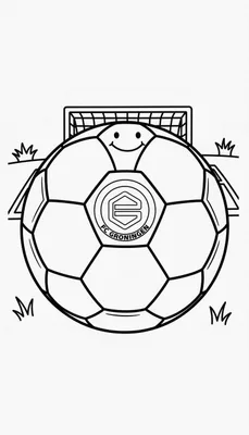 Zwart-wit kleurplaat van een lachende voetbal met het FC Groningen logo, voor een voetbaldoel en grasplukjes.