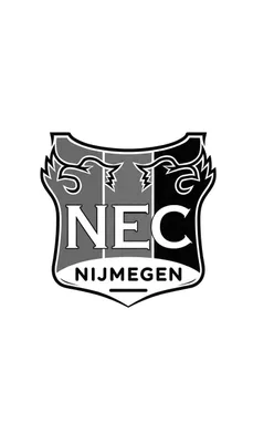 Zwart-wit kleurplaat van het NEC Nijmegen voetbalclub logo. Het is een schild met de letters NEC en NIJMEGEN, gestileerde bliksem- of piekfiguren, en een gestreepte achtergrond.