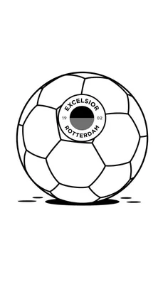 Kleurplaat van een traditionele zwart-witte voetbal met het cirkelvormige Excelsior Rotterdam logo. De tekst 'EXCELSIOR' en 'ROTTERDAM' is zichtbaar, samen met het jaartal '1902'. Onder de bal zijn een schaduw en korte streepjes voor beweging te zien.