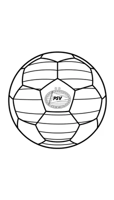 Zwart-witte lijntekening van een klassieke voetbal met PSV-logo, inclusief twee sterren en 'EST 1913', omrand door een krans.
